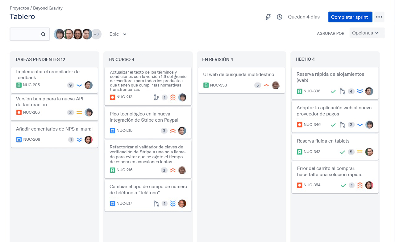 Ejemplo de tablero de scrum en Jira Software